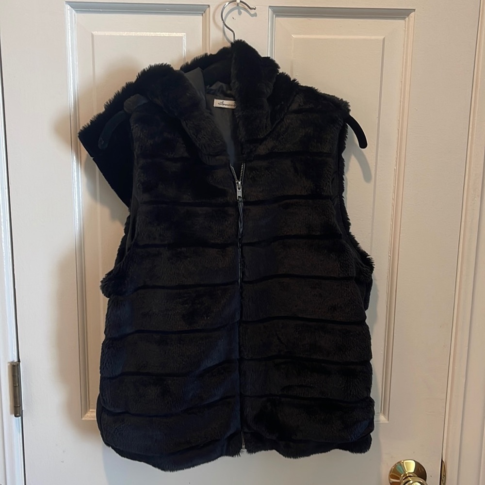 American Rag , black faux fur hooded vest. Size L